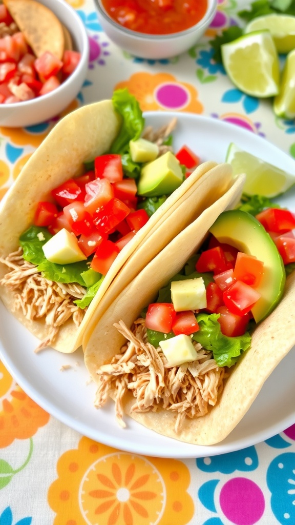 Plate of slow cooker chicken tacos with toppings of lettuce, tomatoes, avocado, and cheese, served with salsa.
